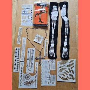 Halloween Bundle Skeleton Socks Temporary Tattoos Cross Necklace Stripe Tights